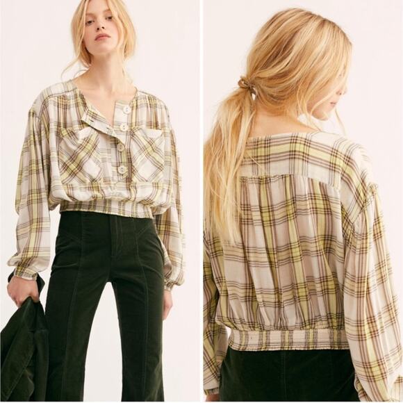 Free People It’s The Good Life Plaid Top Button Front Crop Blouse Size Medium - Picture 2 of 9